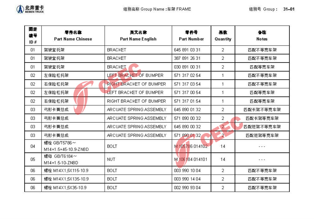 Beiben NG80B spare parts manual
